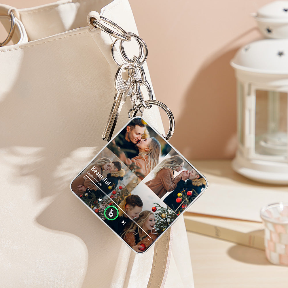 Personalized 4 Photo Music KeyChain Music Box Bag Charm That Plays Music Without Cell Phone Anniversary Gifts