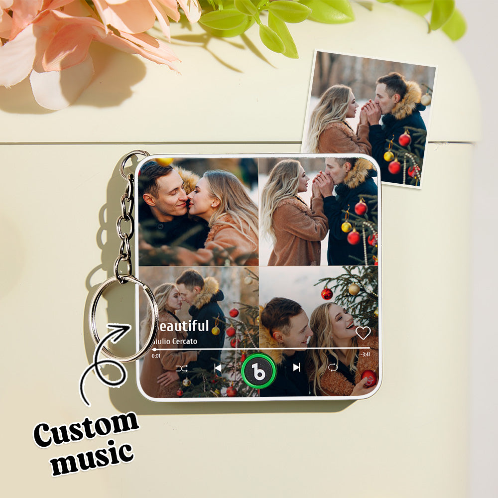 Personalized 4 Photo Music KeyChain Music Box Bag Charm That Plays Music Without Cell Phone Anniversary Gifts