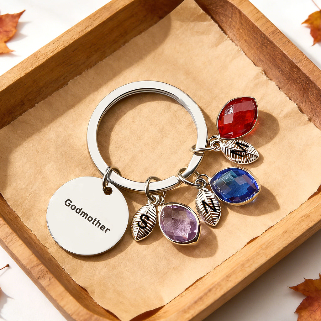 Custom Name Keychain Birthstone Keychain with Leaf Gift for Godmother Birthday Gift