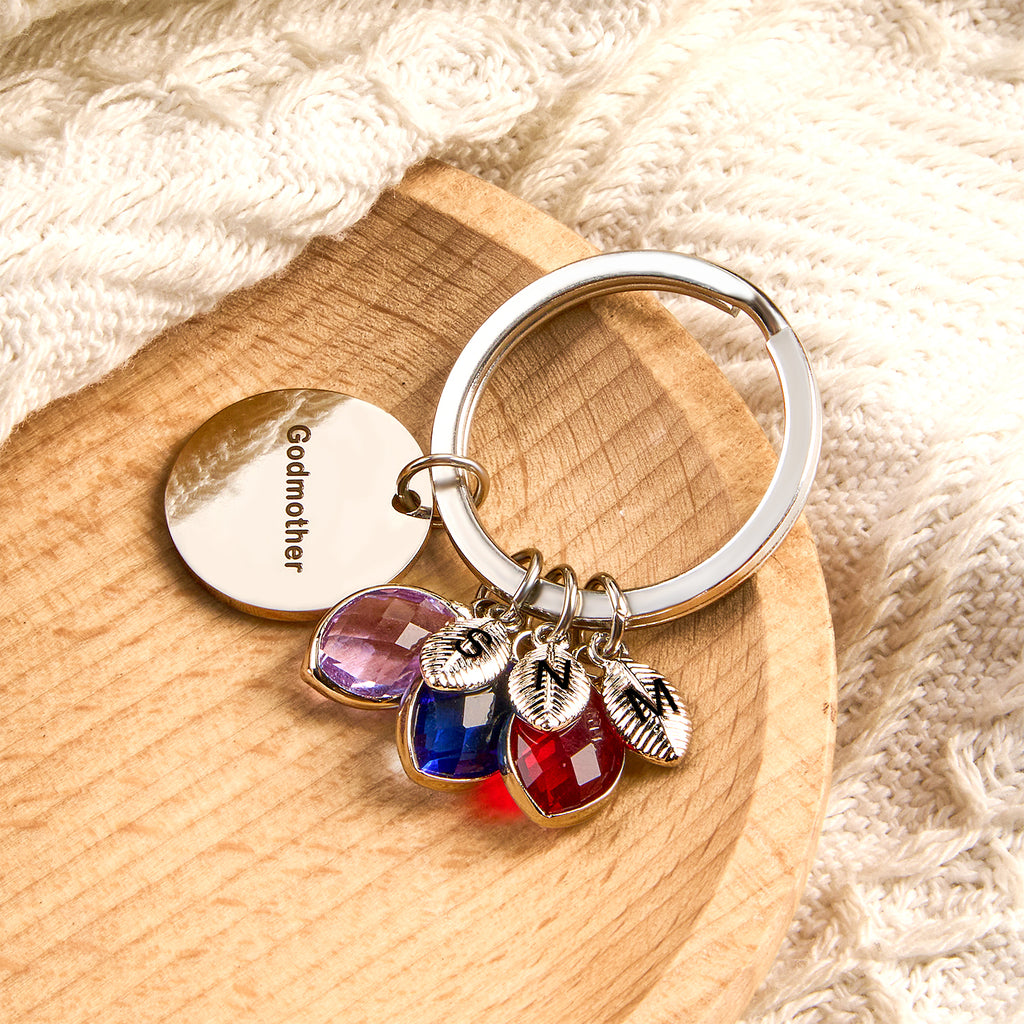 Custom Name Keychain Birthstone Keychain with Leaf Gift for Godmother Birthday Gift