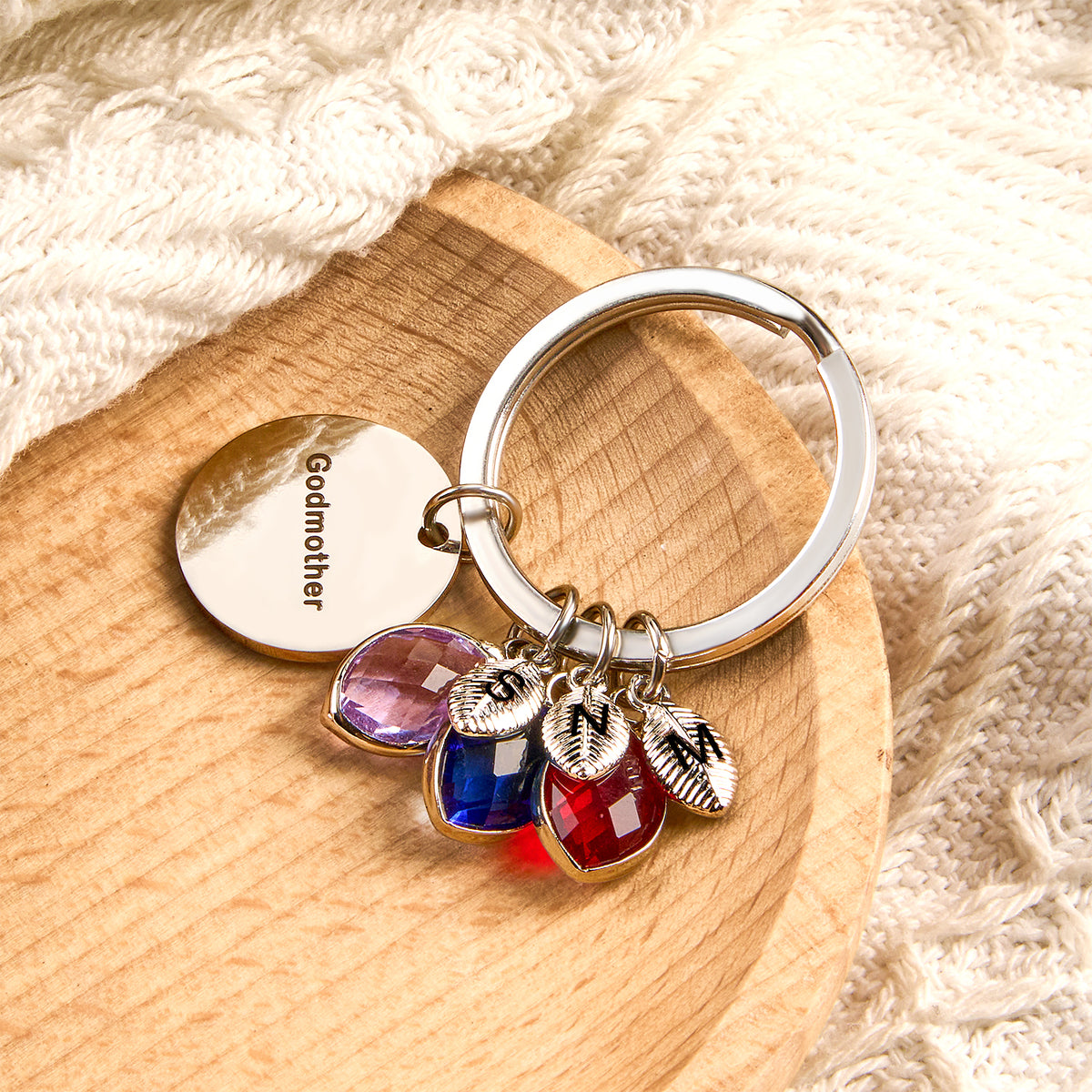 Custom Name Keychain Birthstone Keychain with Leaf Gift for Godmother Birthday Gift