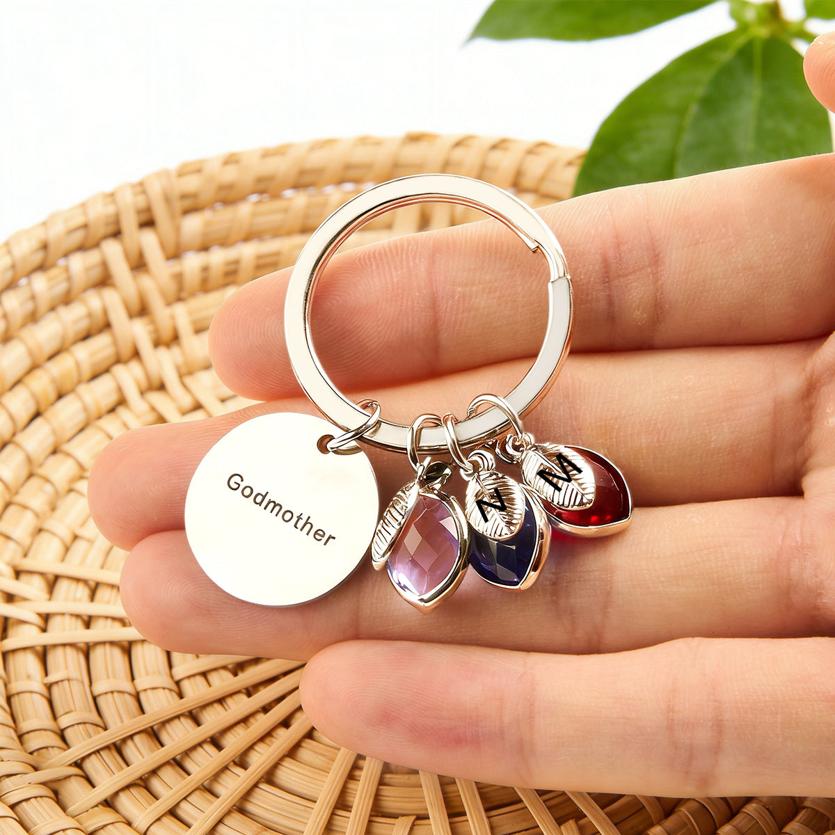 Custom Name Keychain Birthstone Keychain with Leaf Gift for Godmother Birthday Gift