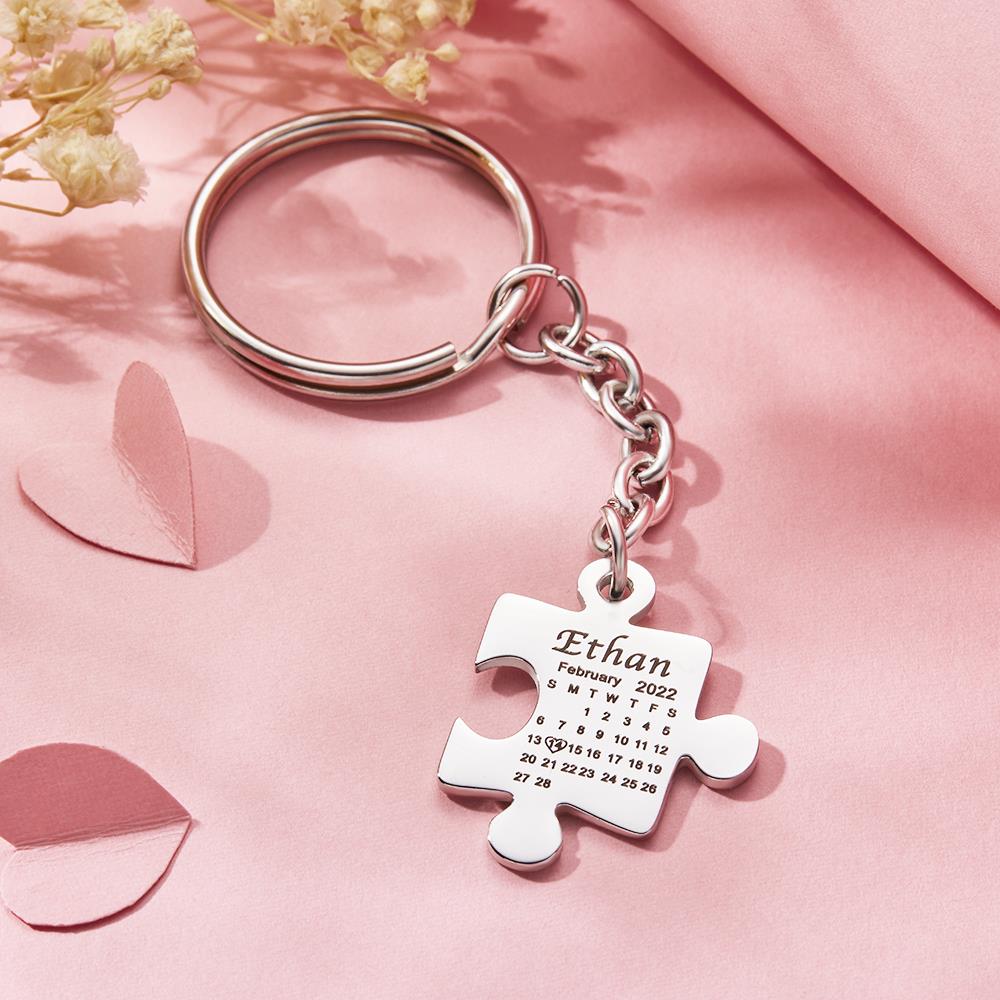 Custom Calendar Keychain Engraved Puzzle Keychain Anniversary Gift for Couple