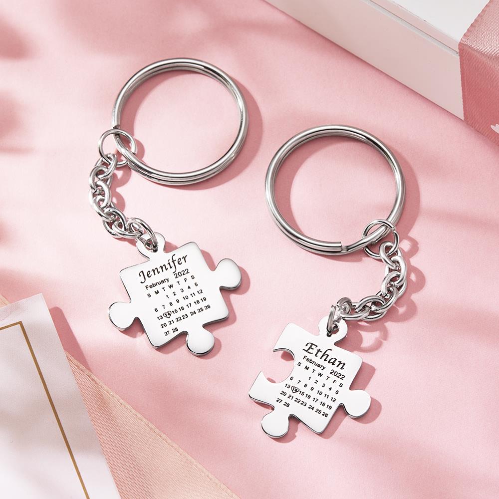 Custom Calendar Keychain Engraved Puzzle Keychain Anniversary Gift for Couple