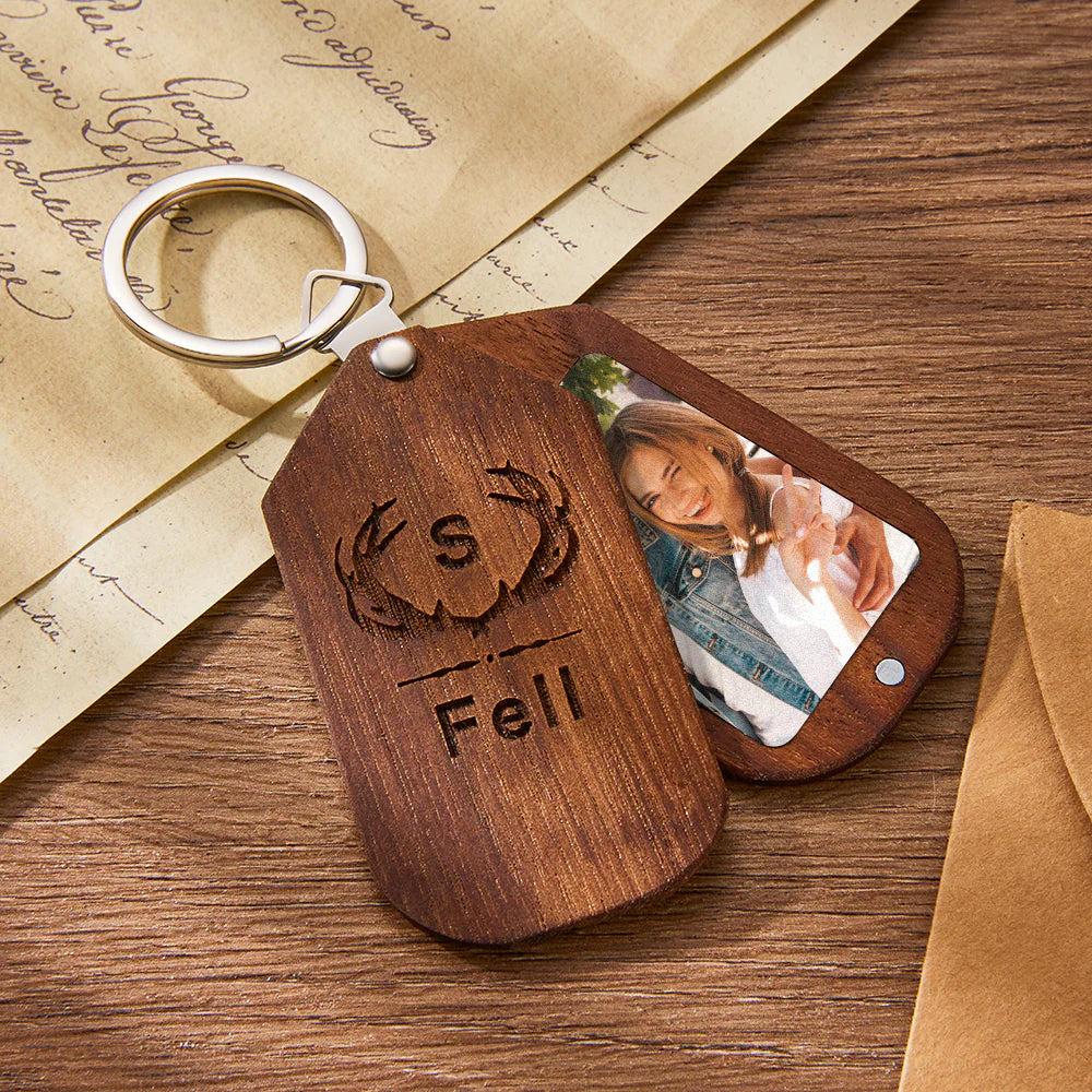 Custom Photo Engraved Keychain Wood Keychain Memorial Gift for Couple