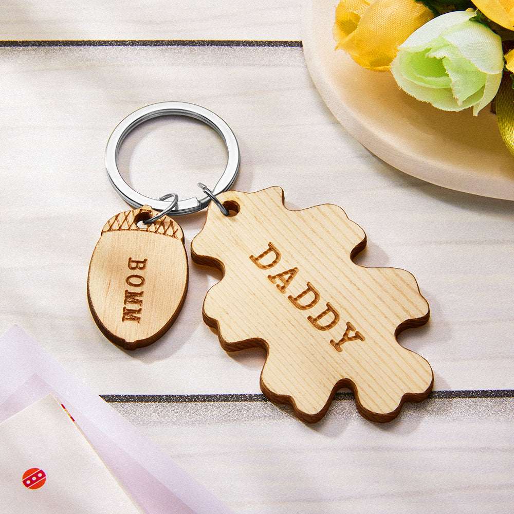 Custom Engraved Wooden Keychain Creative Acorn and Oak Keyring Gifts for Him