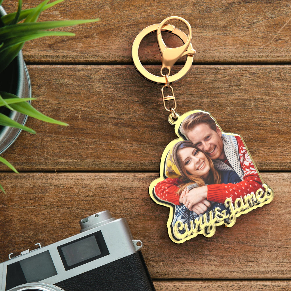 Custom Photo Engraved Gold Keychain Exquisite Custom Couple Keychain Gift for Her