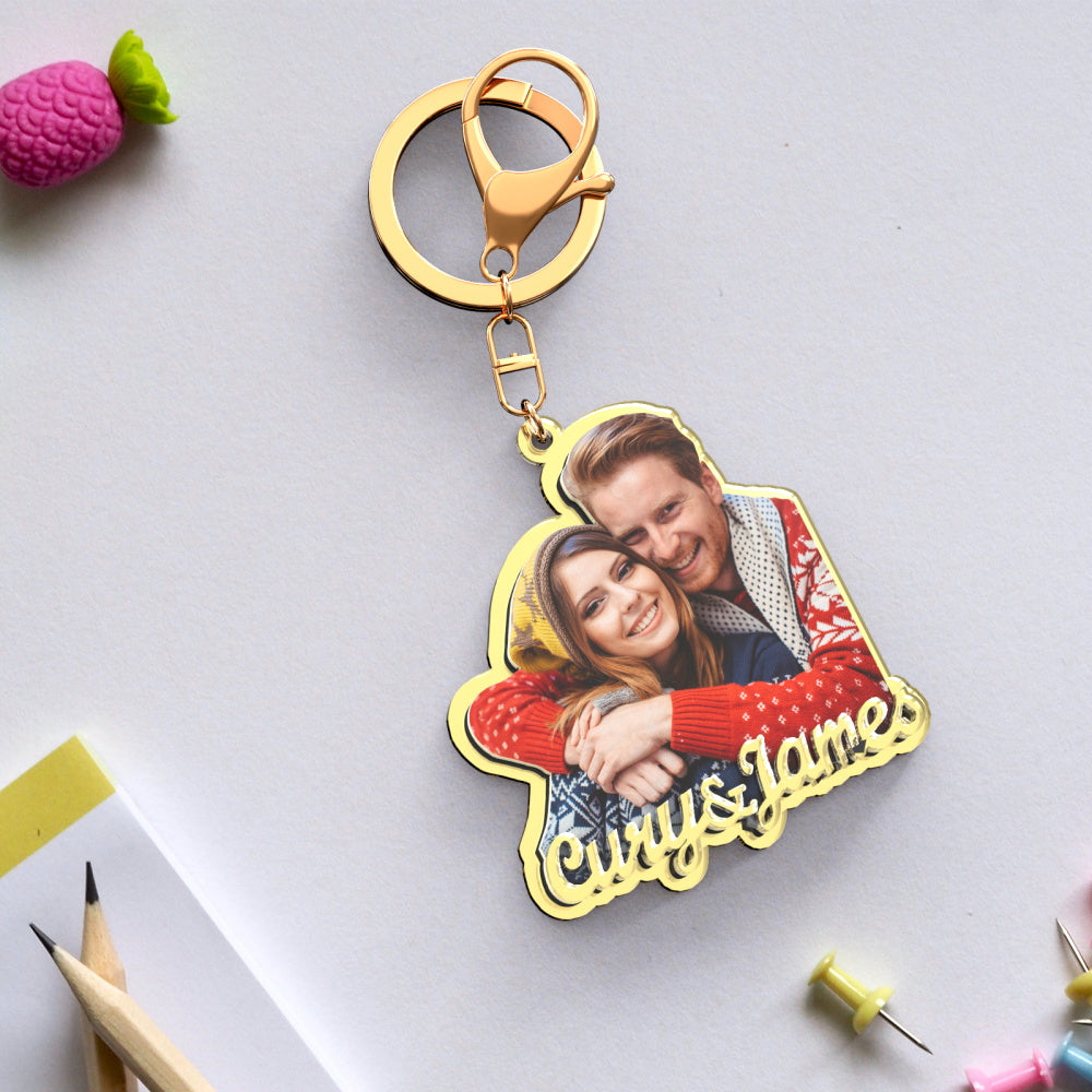 Custom Photo Engraved Gold Keychain Exquisite Custom Couple Keychain Gift for Her