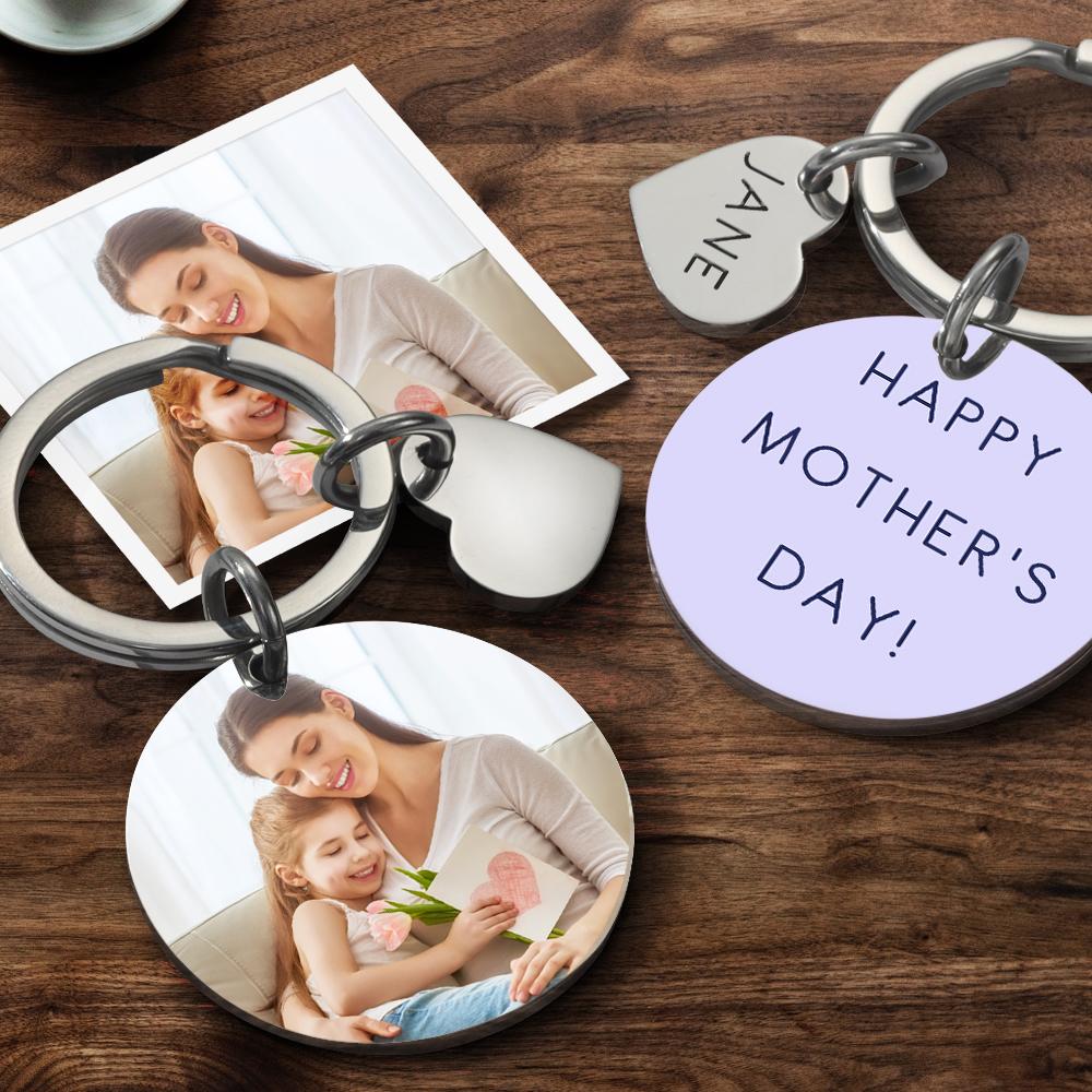 Custom Photo Keychain  Engraved Keychain Round Heart Keychain Mother's Day Gift