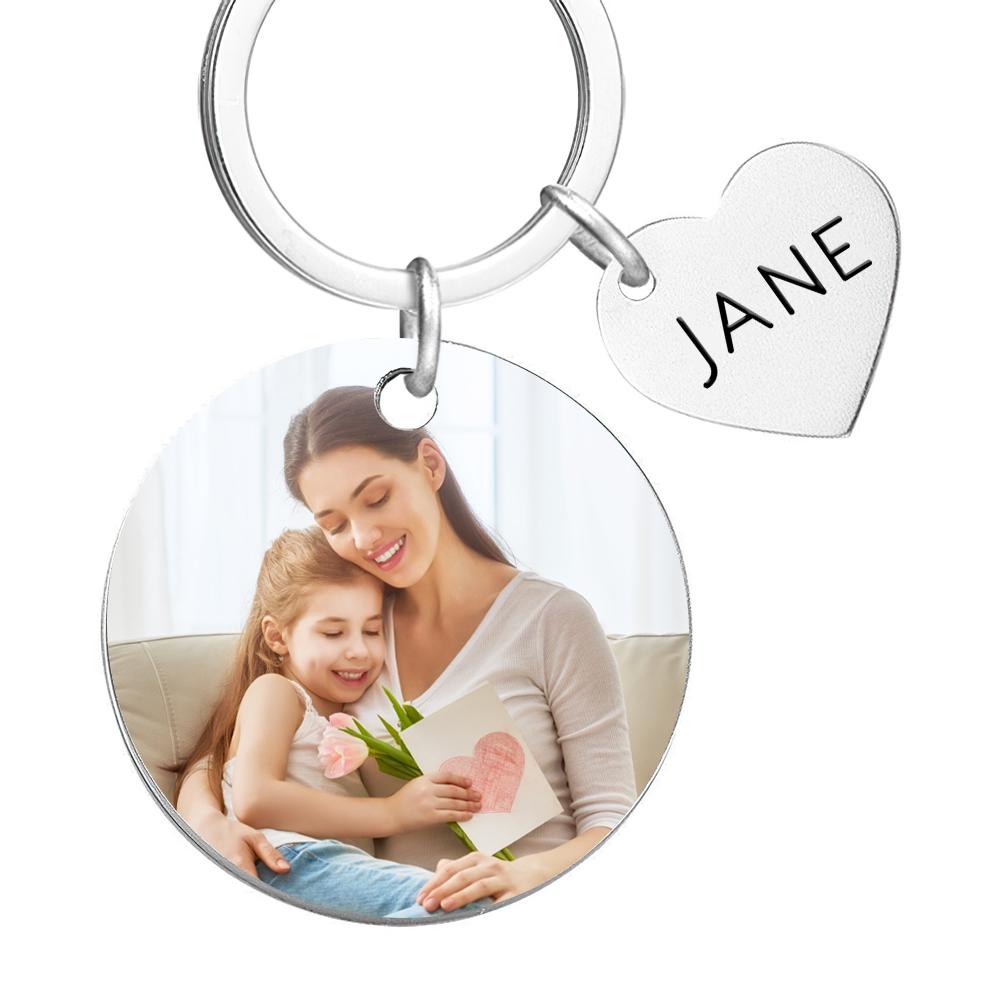 Custom Photo Keychain  Engraved Keychain Round Heart Keychain Mother's Day Gift