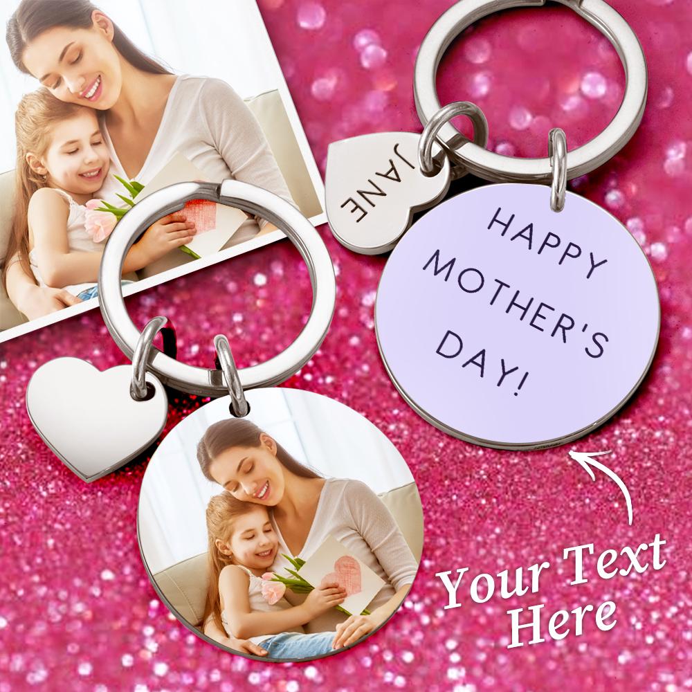 Custom Photo Keychain  Engraved Keychain Round Heart Keychain Mother's Day Gift
