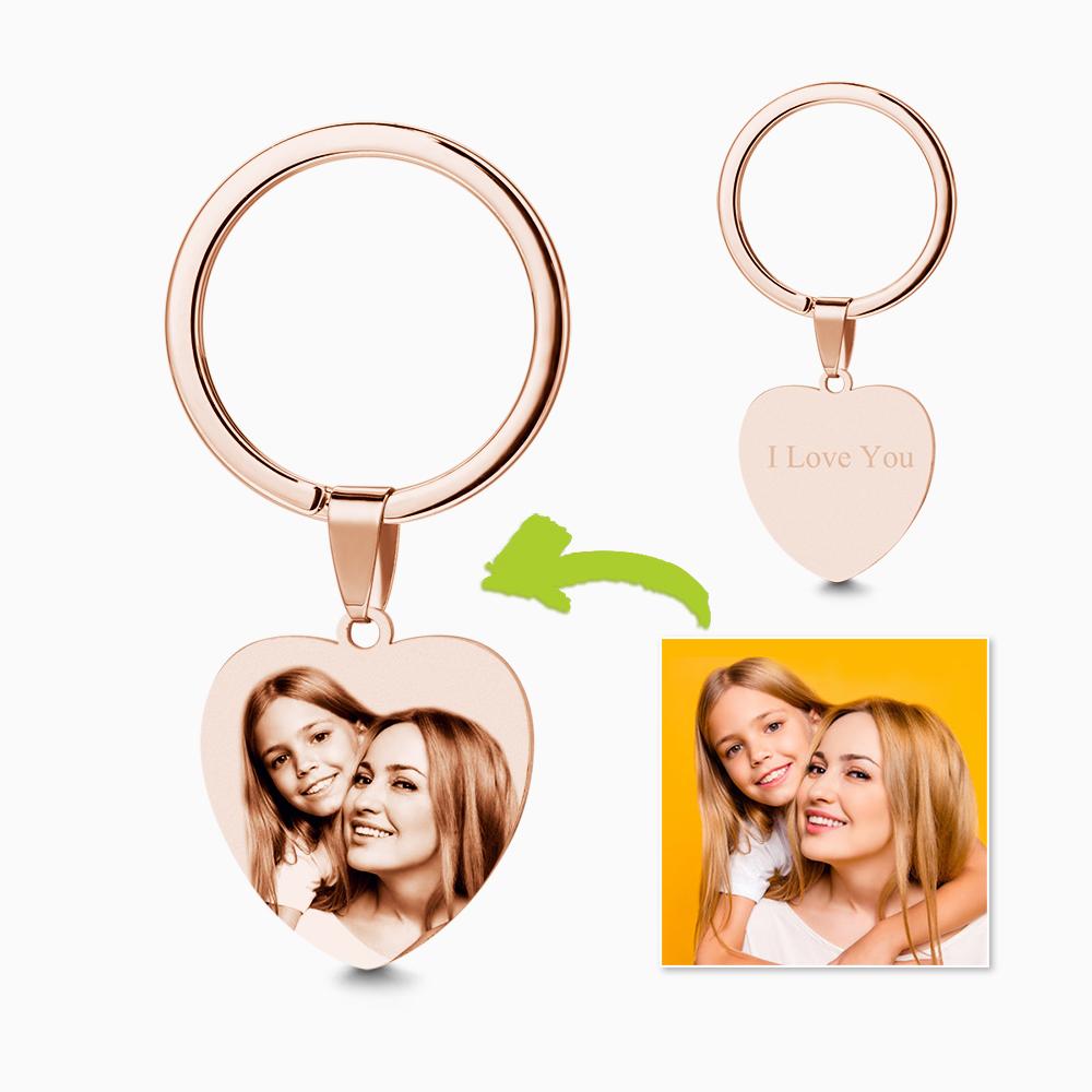 Custom Heart Photo Engraved Keychain Copper Color Mother's Day Gift