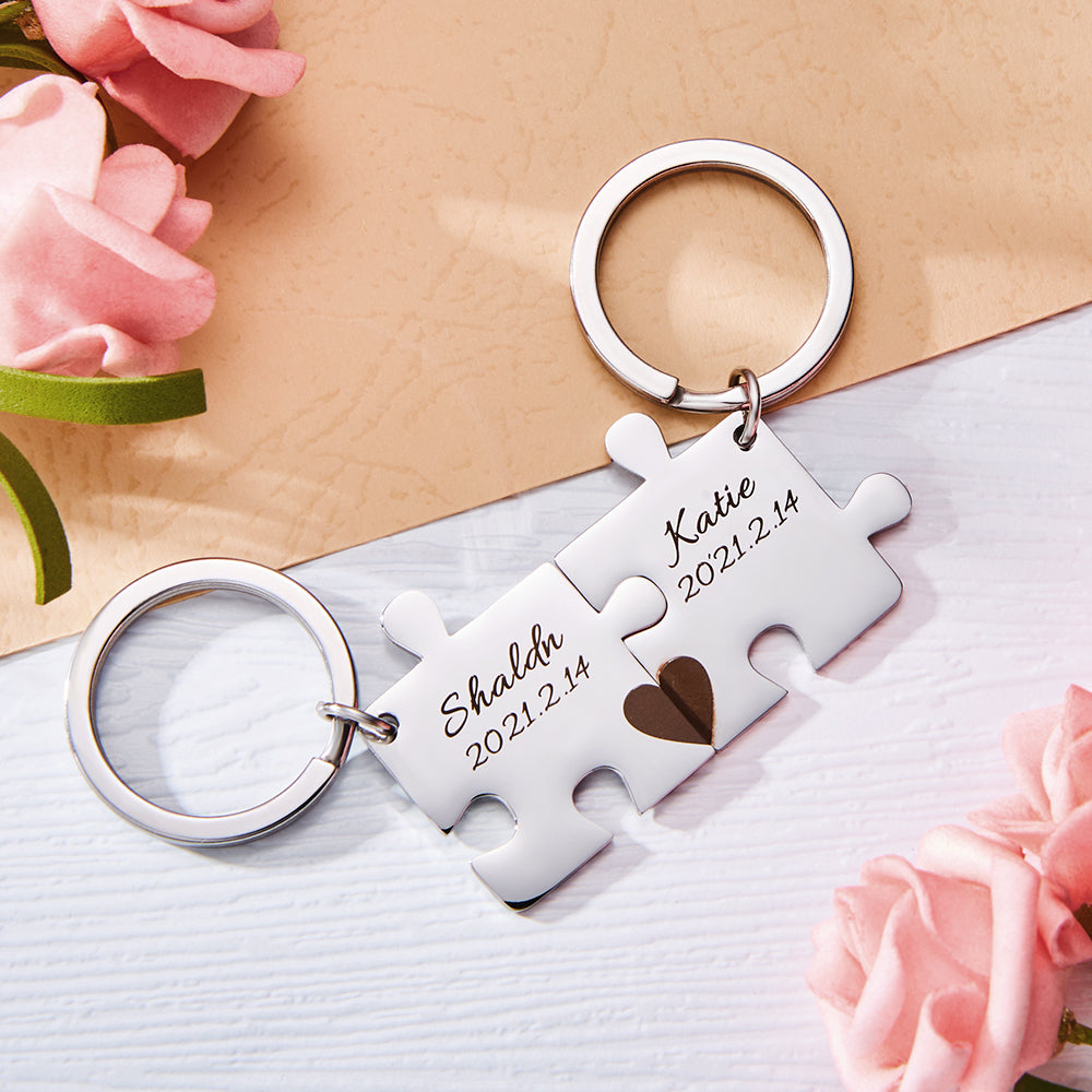 Custom Engraved Couple Keychain Set Personalized Puzzle Key Ring Valentine's Day Gifts