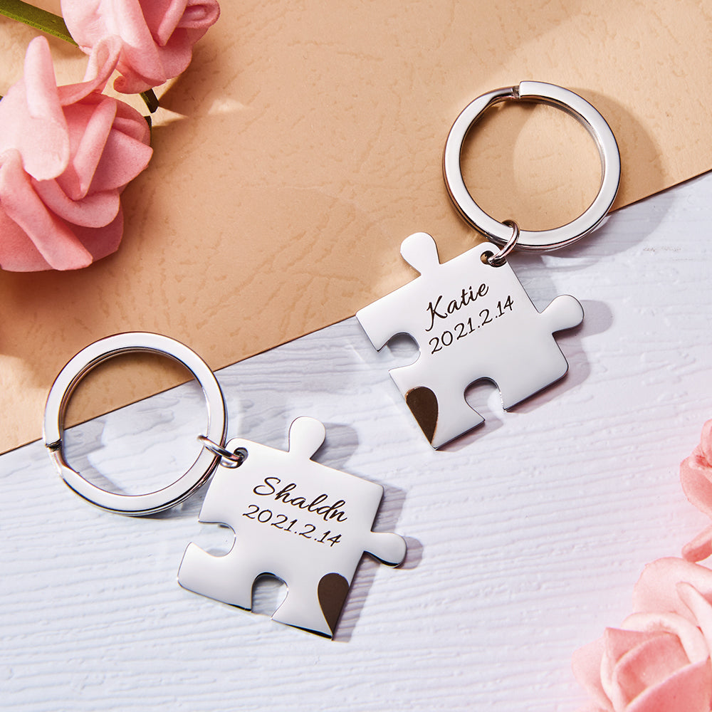 Custom Engraved Couple Keychain Set Personalized Puzzle Key Ring Valentine's Day Gifts