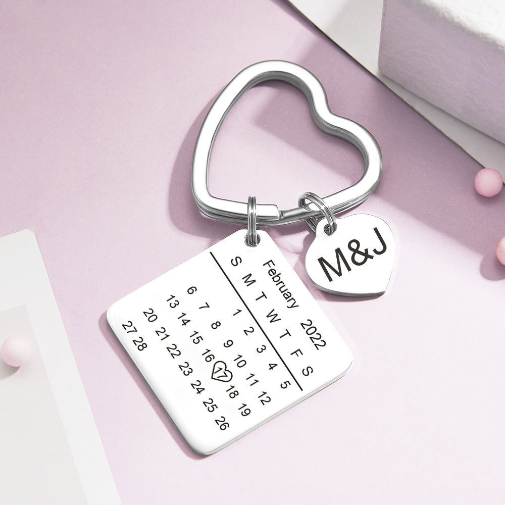 Custom Engraved Calendar Keychain Heart Key Ring Save the Date Keychain Creative Gift