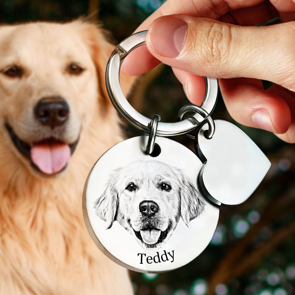 Personalized Pet Portrait Keychain Engraved Photo Keyring Gifts For Pet Lovers