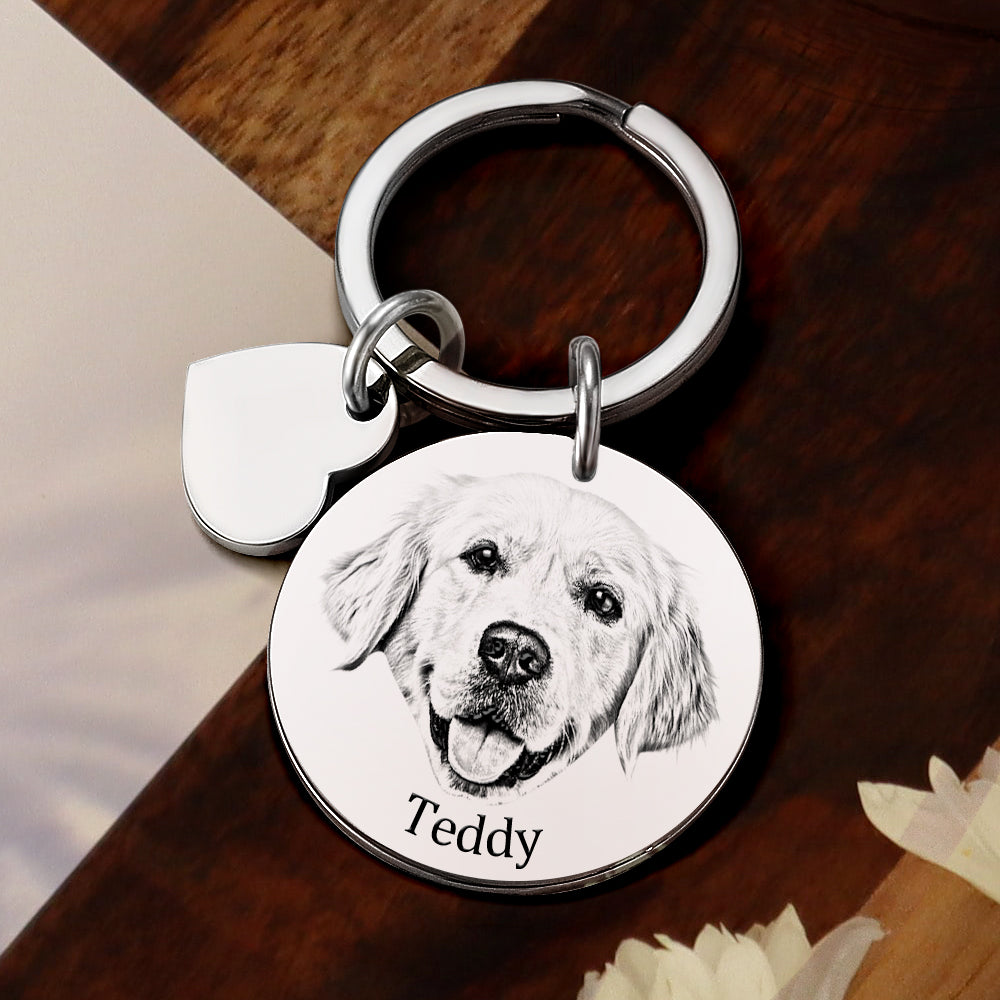Personalized Pet Portrait Keychain Engraved Photo Keyring Gifts For Pet Lovers