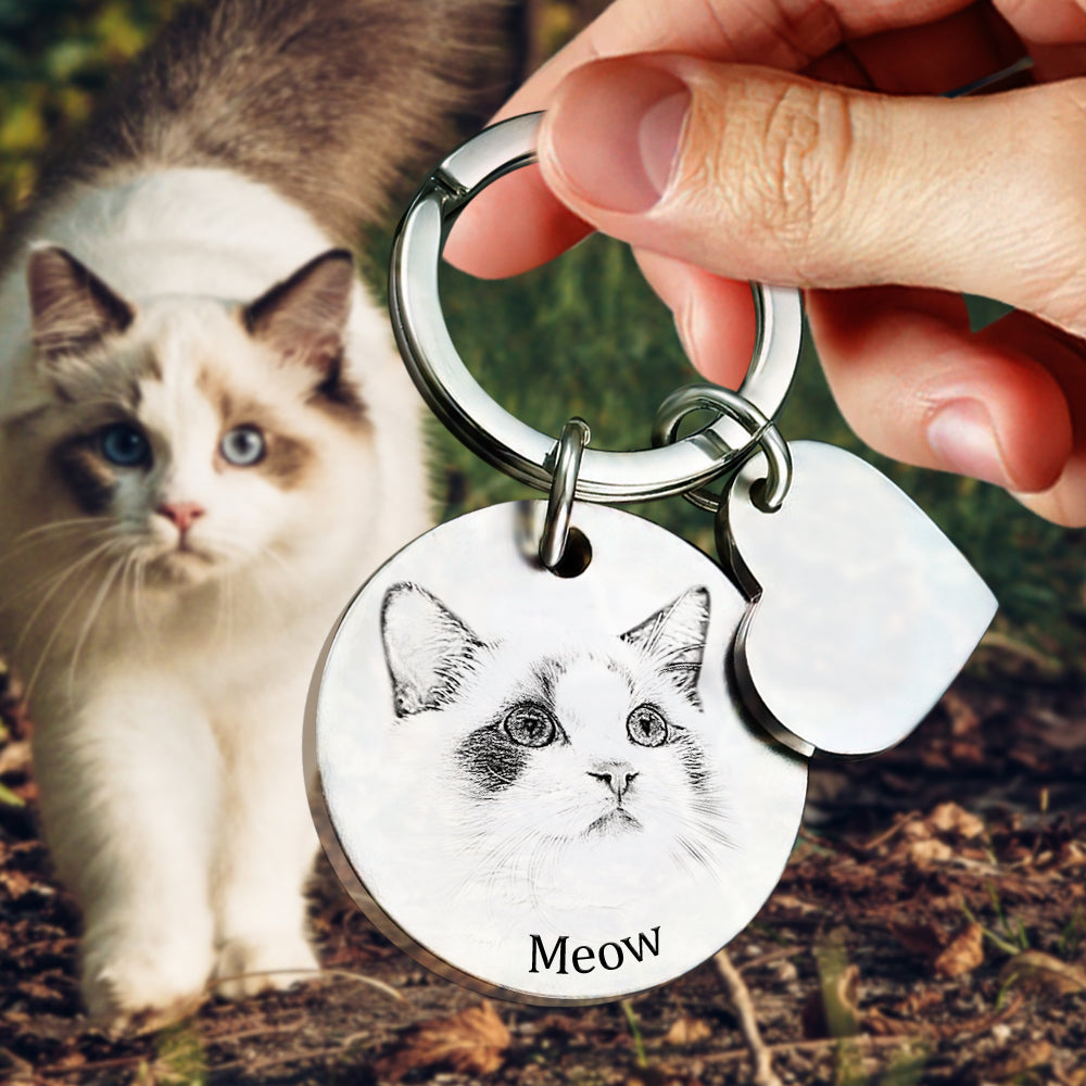 Personalized Pet Portrait Keychain Engraved Photo Keyring Gifts For Pet Lovers