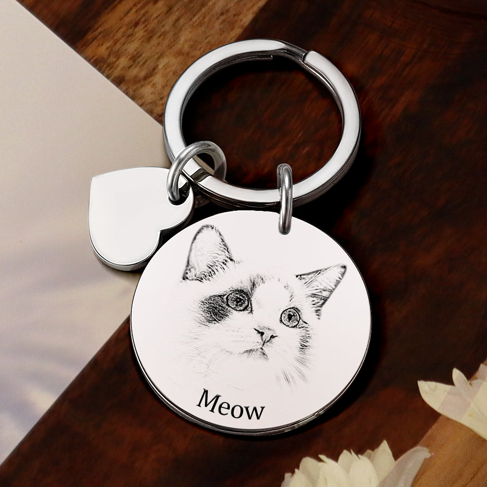 Personalized Pet Portrait Keychain Engraved Photo Keyring Gifts For Pet Lovers