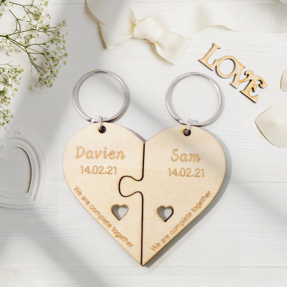 Personalized Puzzle Keychain Set Engraved Jigsaw Heart Shaped Key Ring Gift for Lovers