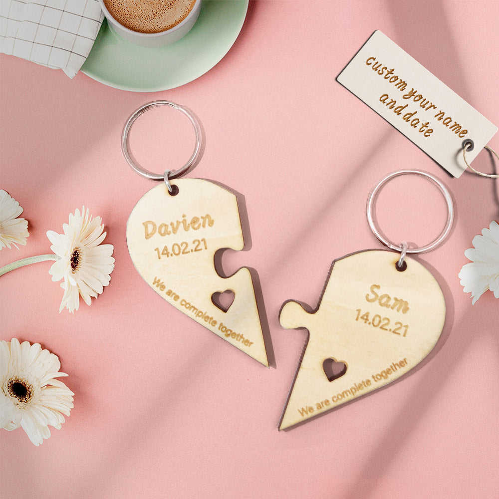 Personalized Puzzle Keychain Set Engraved Jigsaw Heart Shaped Key Ring Gift for Lovers