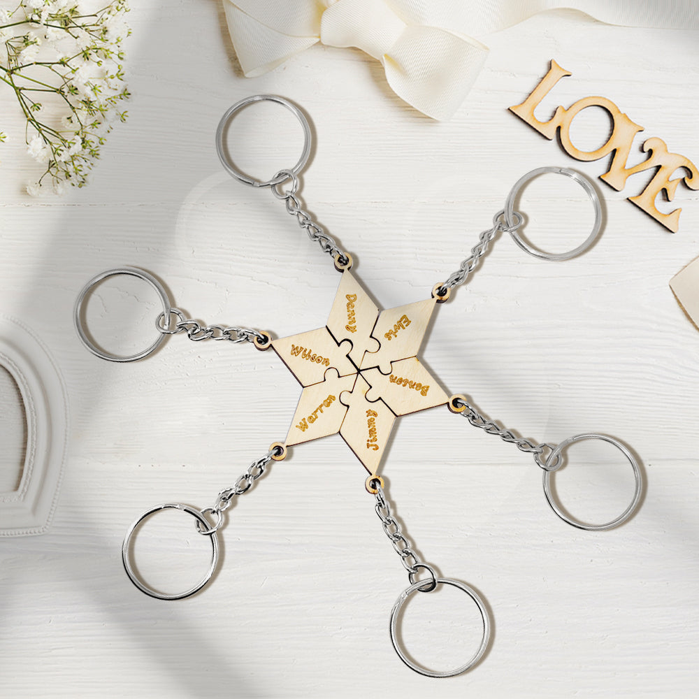 Personalized Puzzle Keychain Set Engraved 6 Pieces Jigsaw Keychain Wooden Key Ring