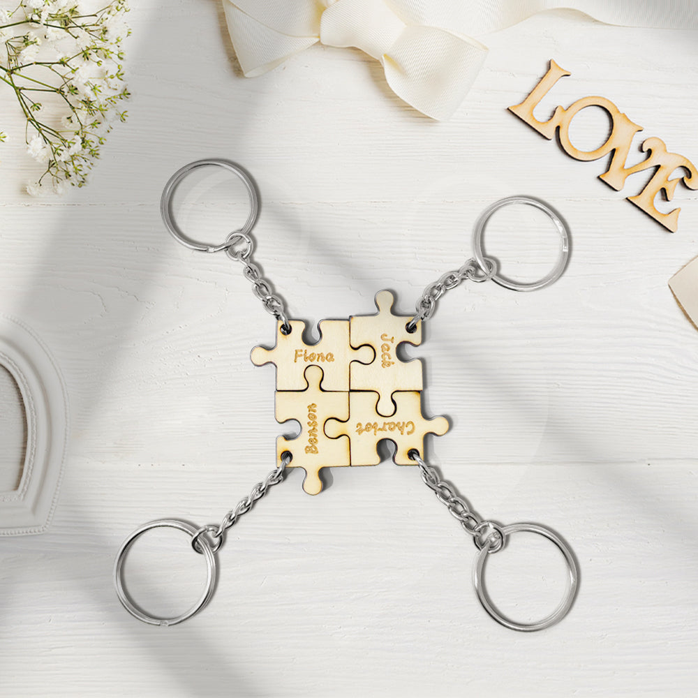 Personalized Puzzle Keychain Set Engraved 4 Pieces Jigsaw Keychain Wooden Key Ring