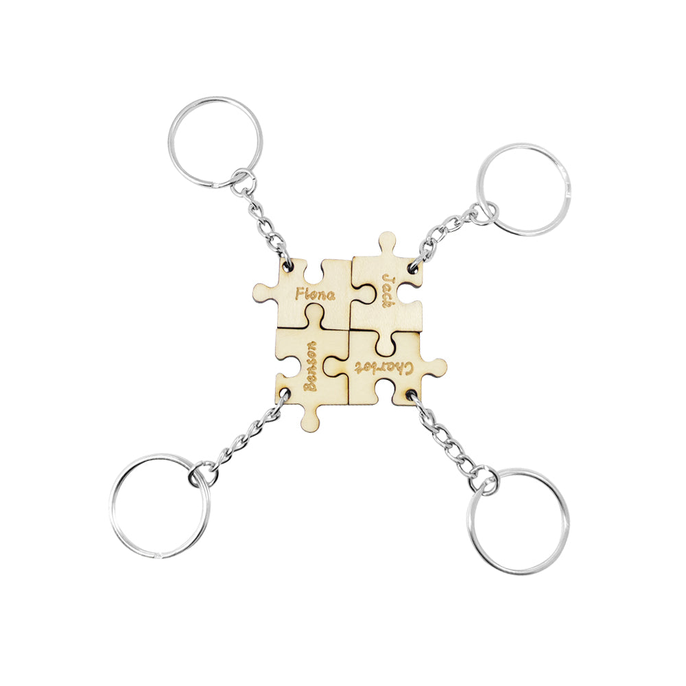 Personalized Puzzle Keychain Set Engraved 4 Pieces Jigsaw Keychain Wooden Key Ring