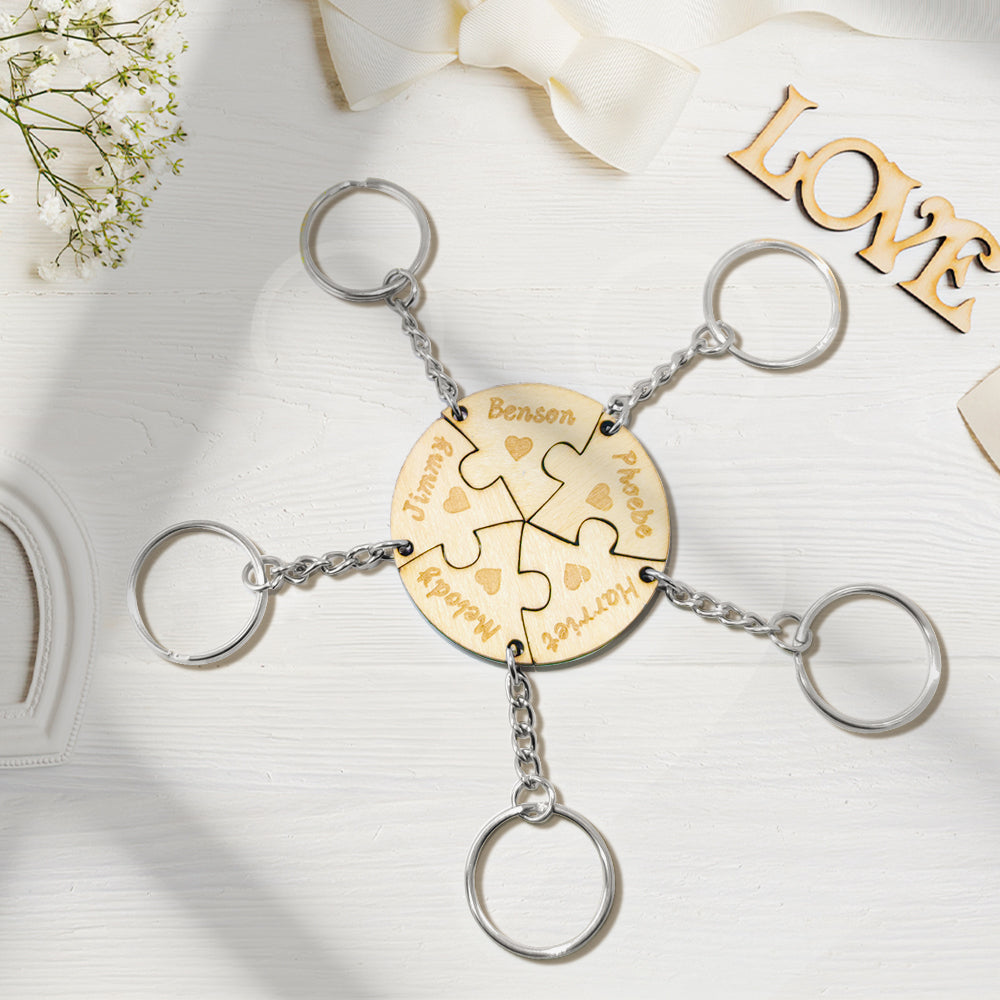 Personalized Puzzle Keychain Set Engraved 5 Pieces Jigsaw Keychain Wooden Key Ring