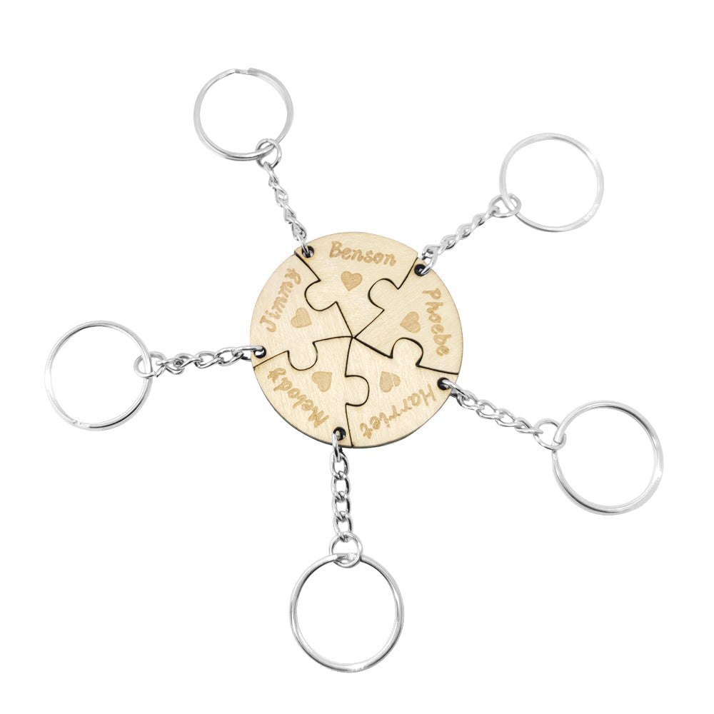 Personalized Puzzle Keychain Set Engraved 5 Pieces Jigsaw Keychain Wooden Key Ring
