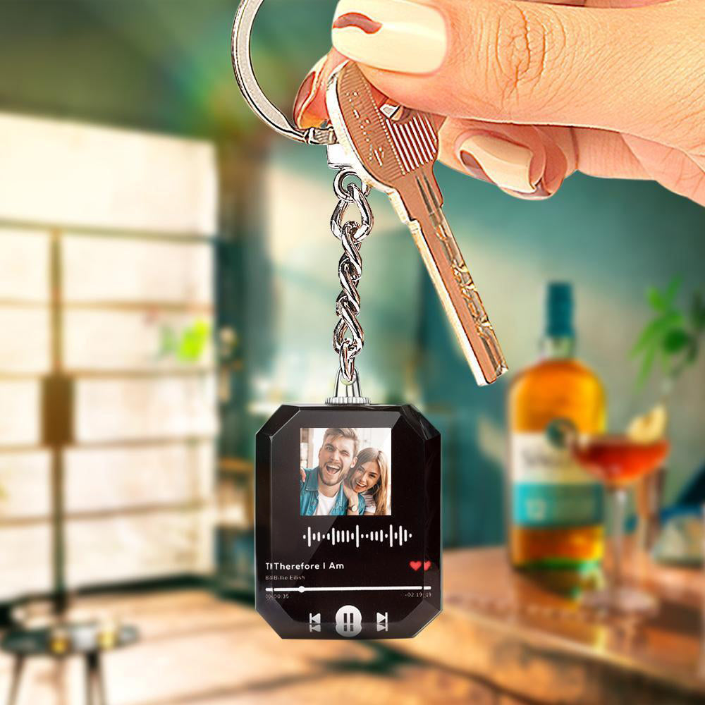 Scannable Music Code Keychain, Photo Engraved Custom Music, Song Keychain for Him Valentine's Day Gifts