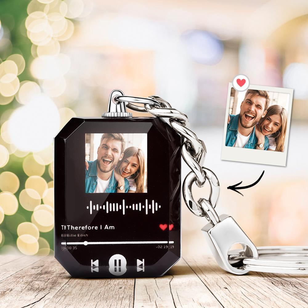 Scannable Music Code Keychain, Photo Engraved Custom Music, Song Keychain for Him Valentine's Day Gifts