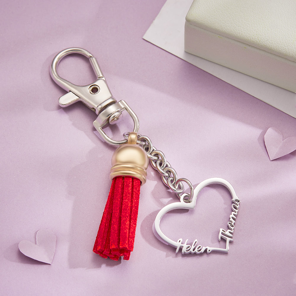 Custom Engraved Names Keychain Heart Name Keyring Two Names Gift for Her