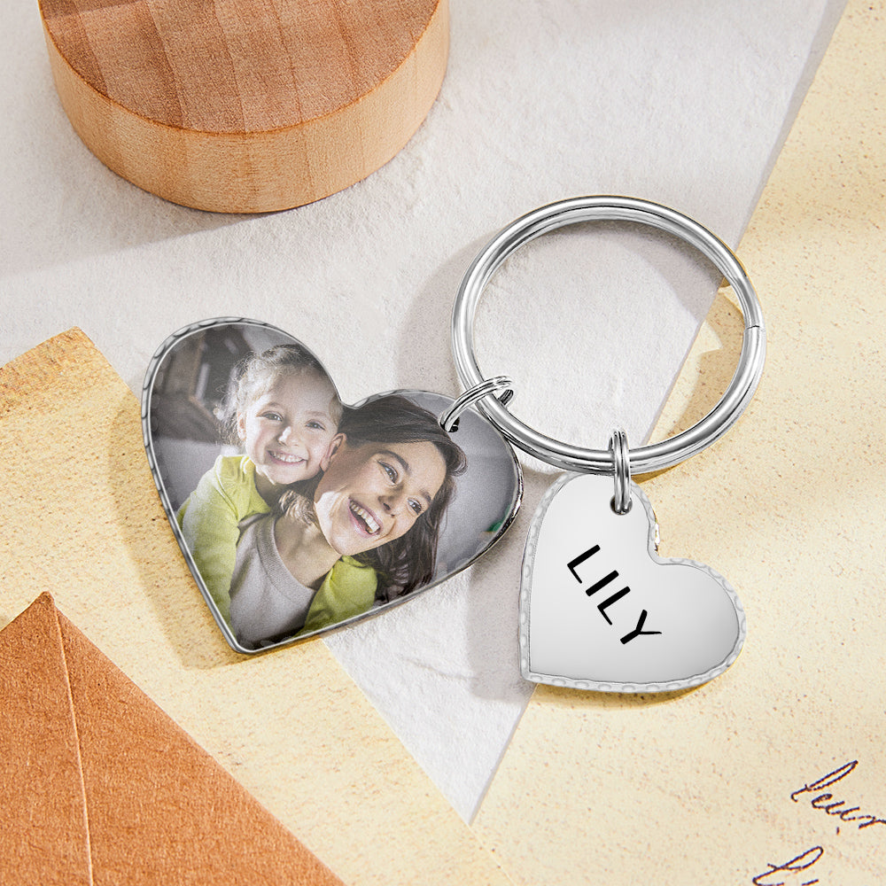 Custom Heart Photo Text Keychain with Small Heart Pendant Mother's Day Gifts