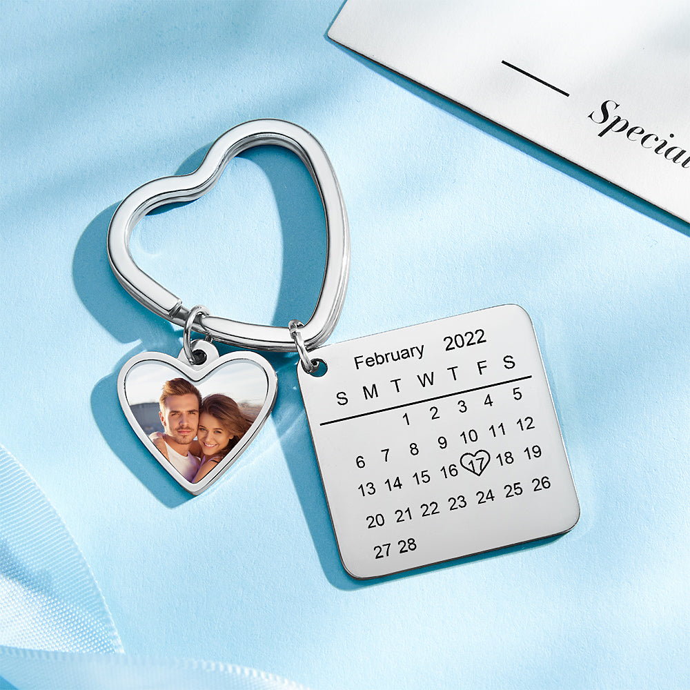 Custom Photo Calendar Keychain Heart Pendant Key Ring Save the Date for Couples