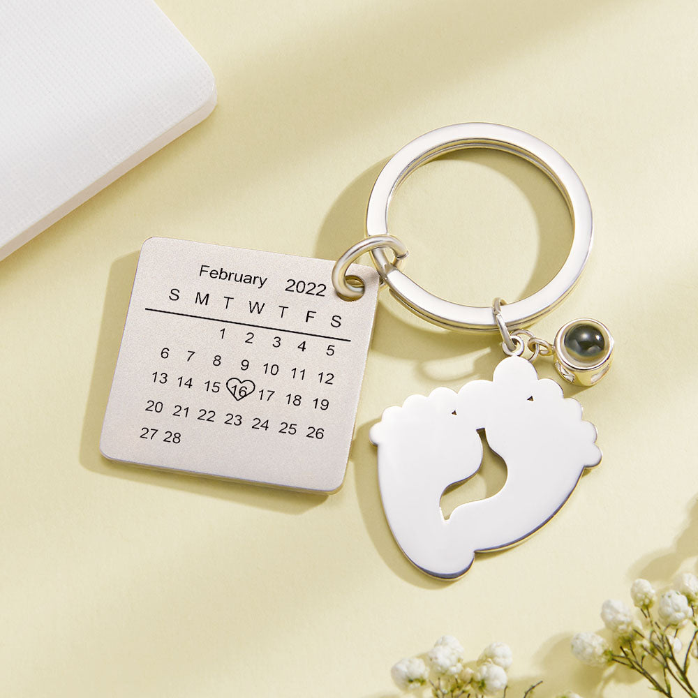 Custom Photo Projection Date Keychain Personalized Calendar Key Ring Newborn Announcement
