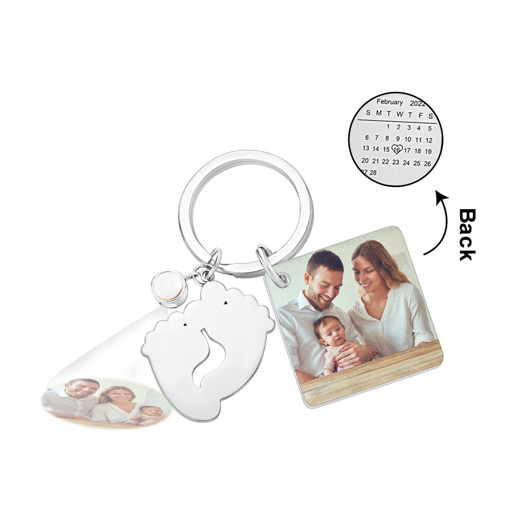 Custom Photo Projection Date Keychain Personalized Calendar Key Ring Newborn Announcement