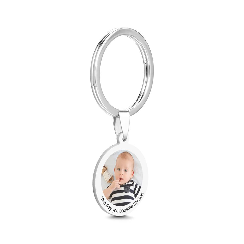 Round Tag Photo Keychain With Lettering Customizable Date Stainless Steel Anniversary Gift
