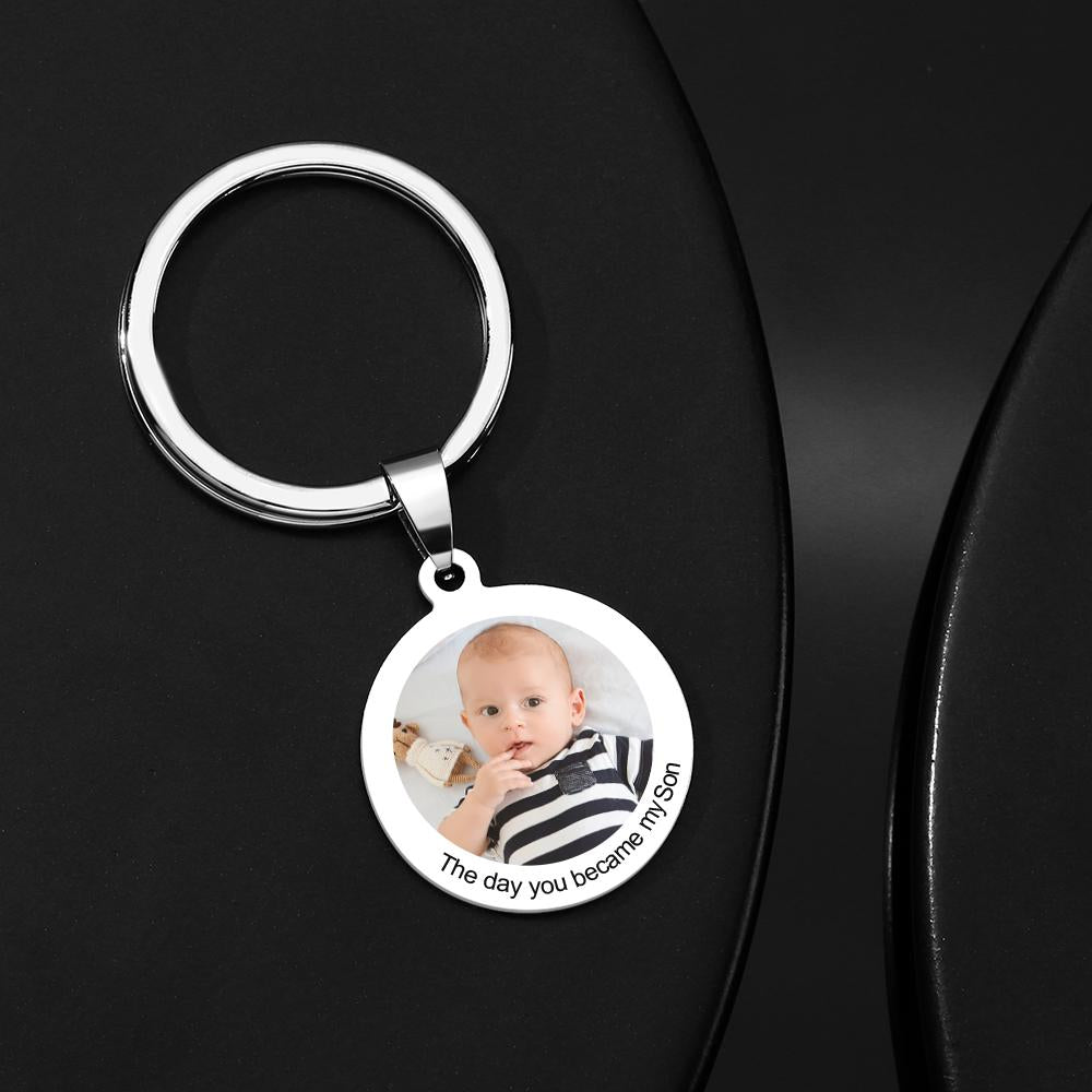 Round Tag Photo Keychain With Lettering Customizable Date Stainless Steel Anniversary Gift