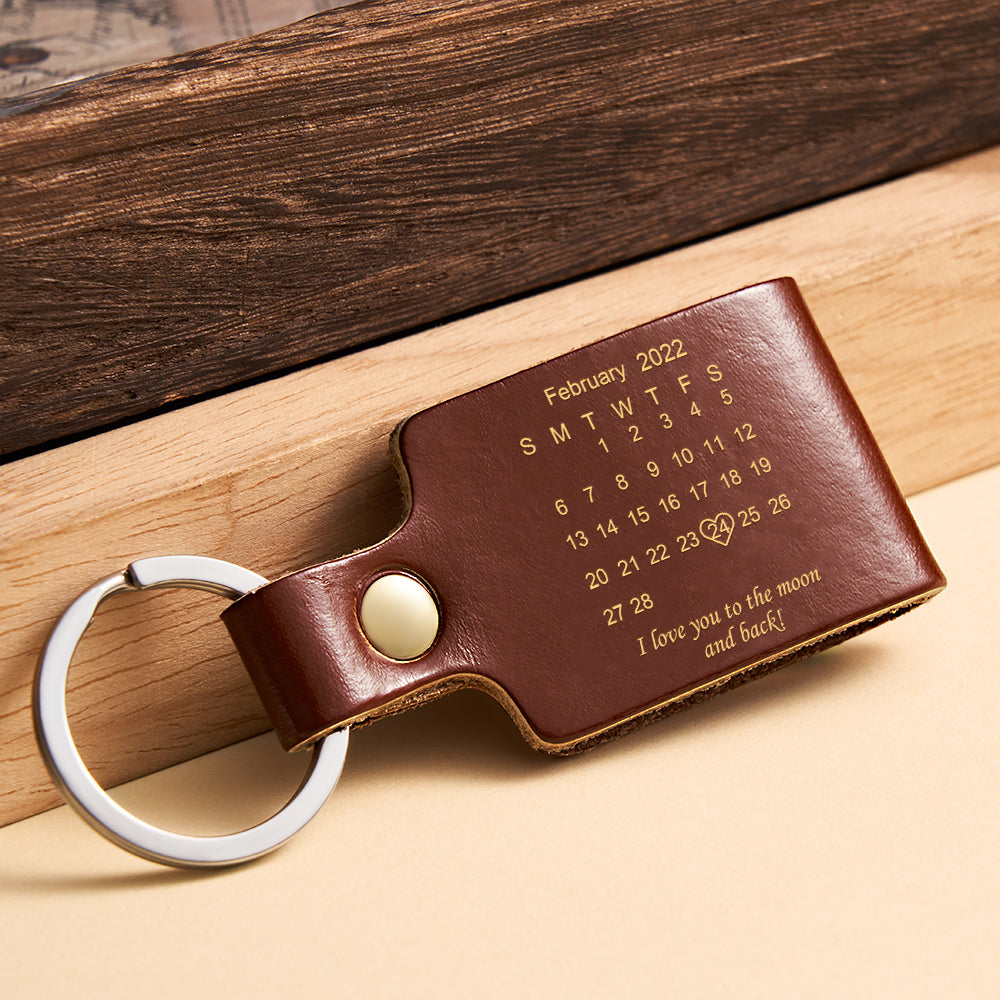 Custom Engraved Calendar Date Keychain Leather Keyring Anniversary Gift