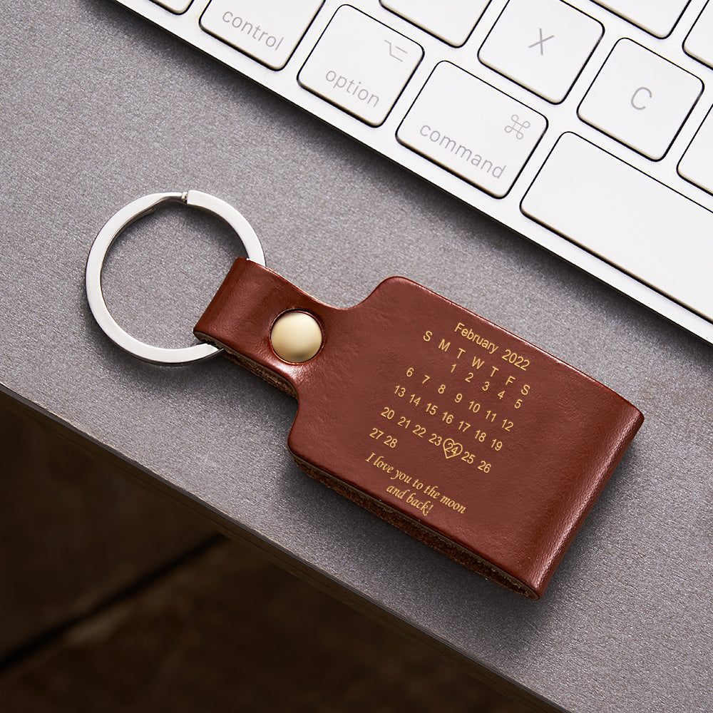 Custom Engraved Calendar Date Keychain Leather Keyring Anniversary Gift