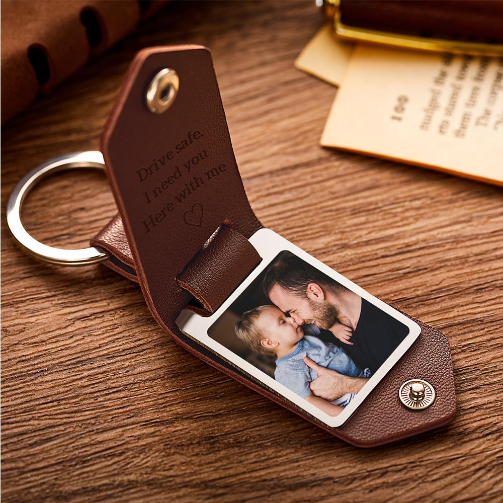 Custom Leather Photo Text Keychain Drive Safe Keychain Father's Day Gift For Dad With Engraved Text