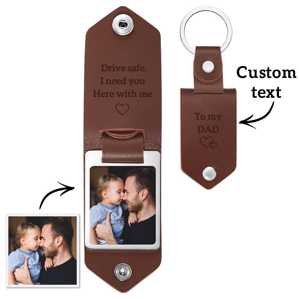 Custom Leather Photo Text Keychain Drive Safe Keychain Father's Day Gift For Dad With Engraved Text