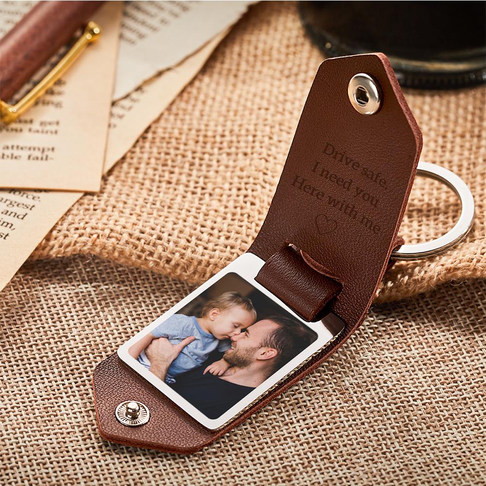 Custom Leather Photo Text Keychain Drive Safe Keychain Father's Day Gift For Dad With Engraved Text