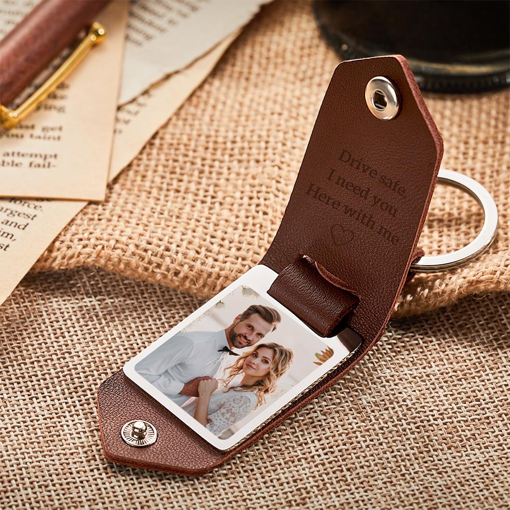 Custom Leather Photo Text Drive Safe Keychain Valentine's Day Anniversary Gift With Engraved Text For Boyfriend