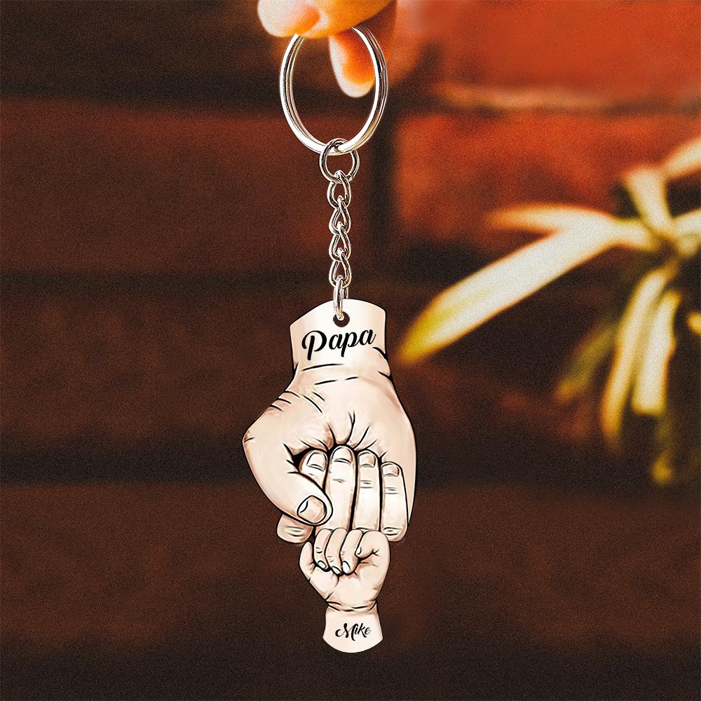 Custom Words Engraved Hand Shaped Keychain For Father's Day Holding Hands