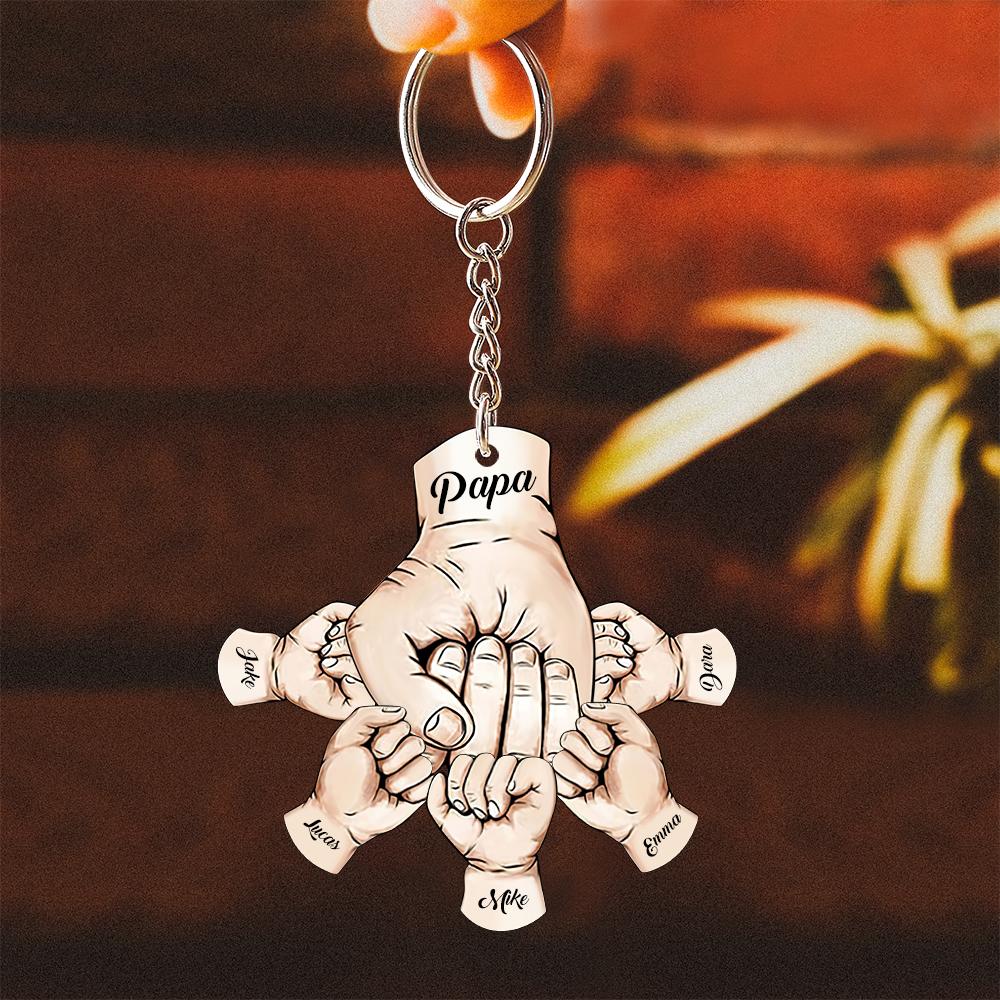 Custom Words Engraved Hand Shaped Keychain For Father's Day Holding Hands