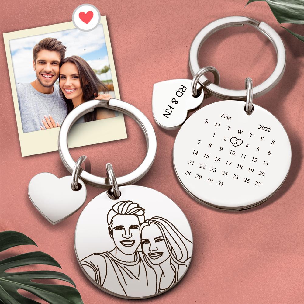 Custom Line Art Photo Engraved Keychain Date Save Keychain Significant Date Marker Custom Anniversary Gifts