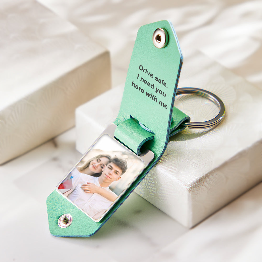 Personalized Leather Photo Drive Safe Keychain Custom Engraved Text Commemorative Keychain Anniversary Gifts