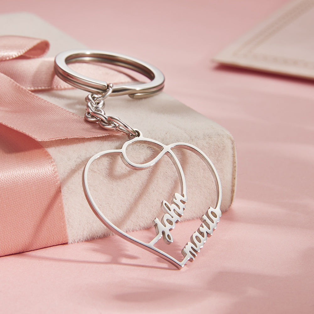 Personalized Two Names Double Heart Keychain Custom Letters Metal Key Ring for Couples